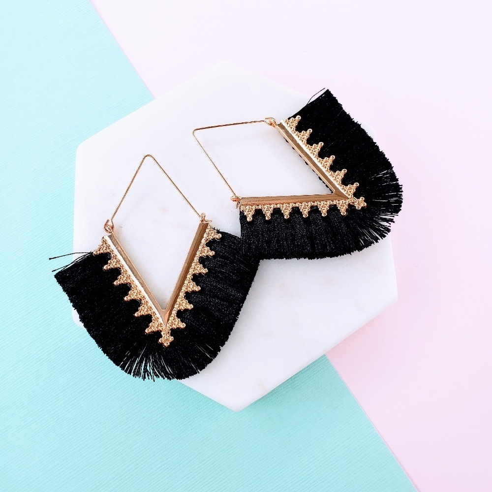 5 for $25 Black Triangle Fringe Tassel Earrings - Picture 1 of 7